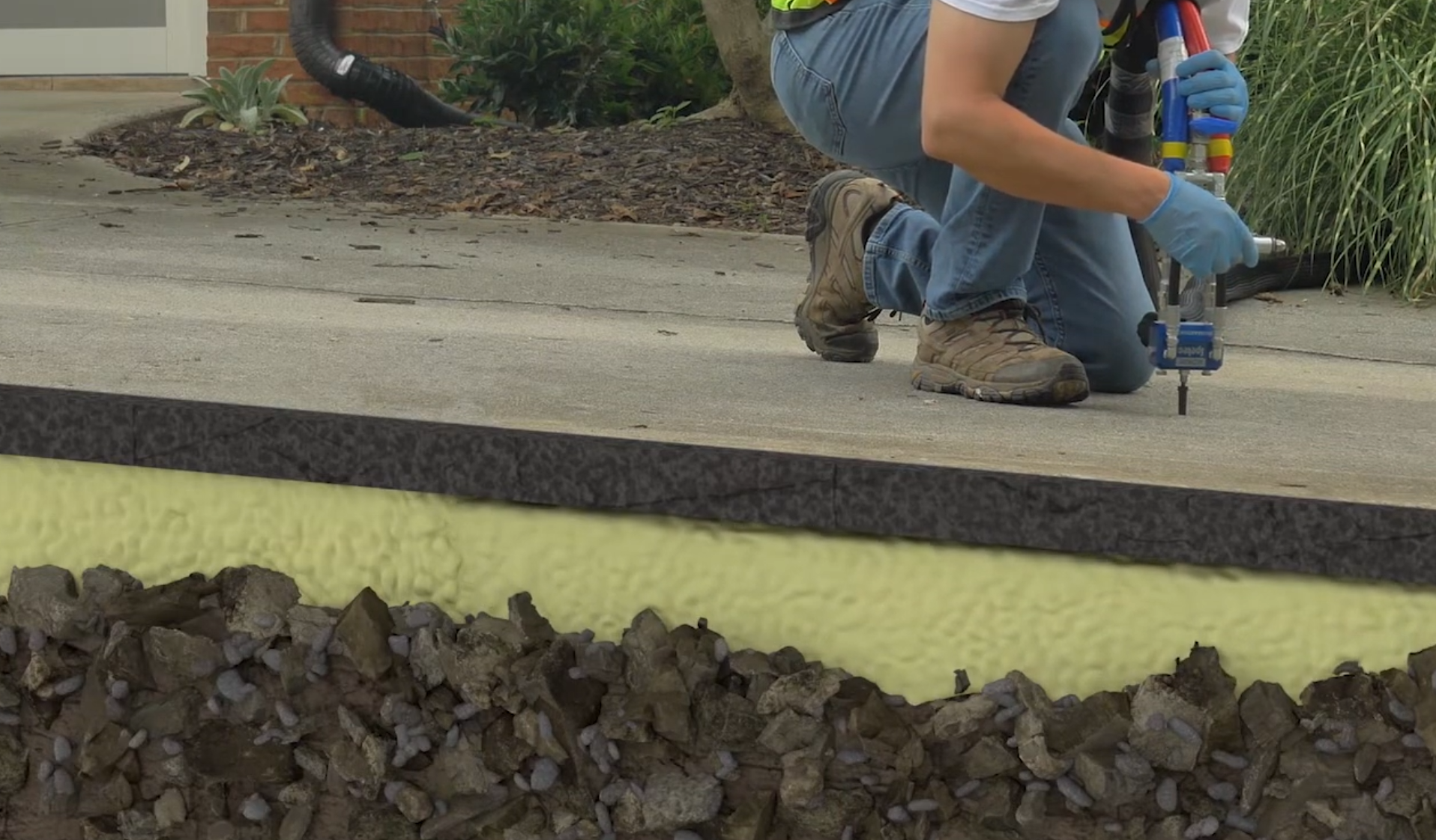 Polyjacking foam injection process on concrete slab